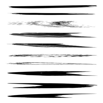 Collection or set of black paint hand made creative brush strokes isolated on white background