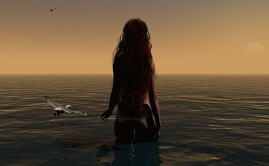 Fototapeta premium Long Haired Female Overlooking Sunset Horizon With Seagulls