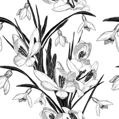 seamless pattern with snowdrop flowers (black and white)