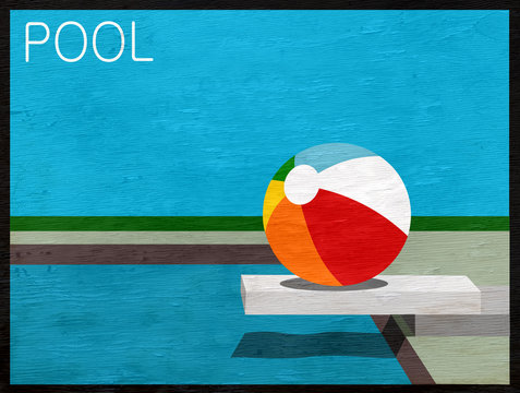 Design With Beach Ball On Diving Board On Wood Grain Texture