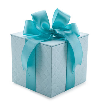 turquoise gift box with ribbon and bow isolated on a white backg