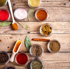 Set of Spices on wood background. Food
