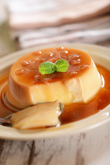 Panna cotta dessert with caramel sauce