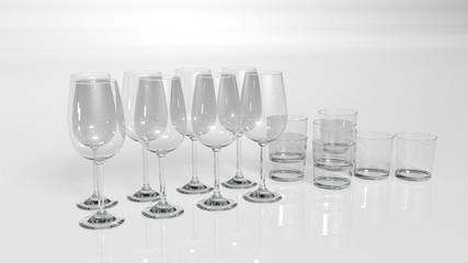 Drinking glasses, water and wine glasses isolated on white background