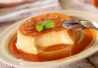Panna cotta dessert with caramel sauce