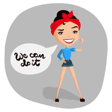 We Can Do It Illustration, Pin-Up Girl with a Beautiful Smile, Flat Design