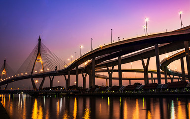 Fototapeta na wymiar Bhumibol Bridge with sunset
