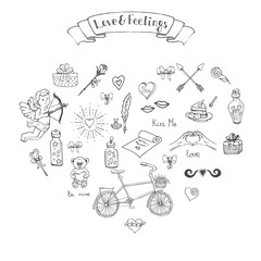 Hand drawn doodle Love and Feelings collection Vector illustration Sketchy Love icons Big set of icons for Valentine's day, Mothers day, wedding, love and romantic events Hearts hands cupid bouquet