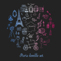 Set of hand drawn French icons, Paris sketch illustration, doodle elements, Isolated national elements made in vector. Travel to France icons for cards and web pages, Paris symbols collection