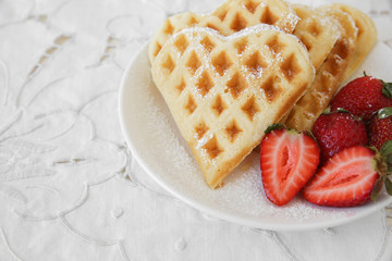 waffles with fresh strawberries, selective focus