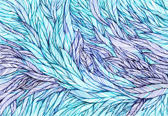 pattern of blue violet feathers, leaves, twigs, graphic pen and ink - 101346743