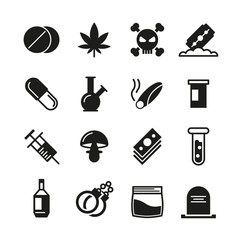 Drugs black vector icons set. Addiction narcotic, marijuana and syringe, mushroom and cocaine illustration