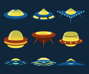 UFO spaceships vector flat icons set. Satellite rocket, spacecraft shuttle illustration