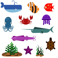 Flat fish vector icons set. Aquarium wildlife, wild underwater sea illustration