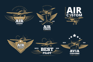 Flight adventures vector logos and labels. Air legend custom and force, best pilot illustration - obrazy, fototapety, plakaty