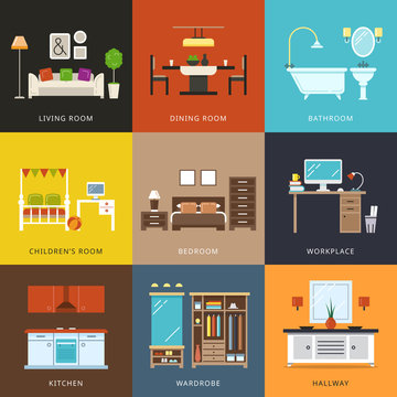 Interior of different rooms types. Furniture for home, hallway and wardrobe, workplace and living,comfort house. Vector illustration in flat style