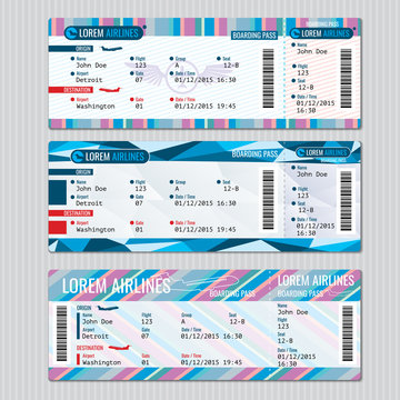 Airline boarding pass tickets vector template. Card passenger, trip aeroplane illustration