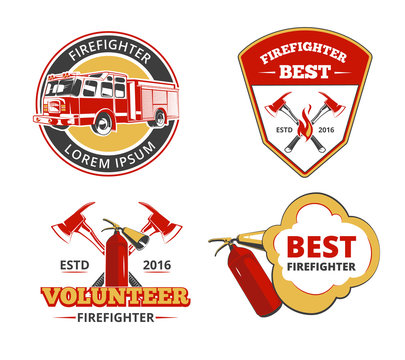 Color firefighter emblems, labels and badges vector set. Volunteer and protection, rescue and safety illustration