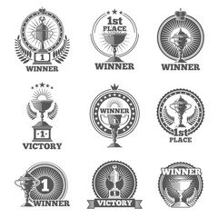 Victory trophies and awards vector logos, badges, emblems. Win cup sport, champion stamp, vector illustration