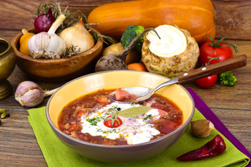 Healthy Food: Soup with Beets, Green Beans and Vegetables