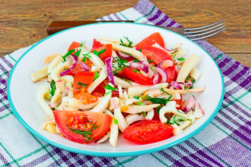 Salad with Squid, Tomato, Red Onion, Vegetable Oil