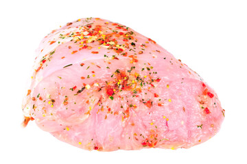 A Piece of Raw Turkey in Spices for Grilling Isolated on White B