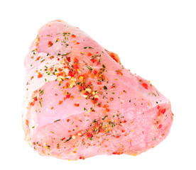 A Piece of Raw Turkey in Spices for Grilling Isolated on White B