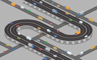 overpass (underpass) roads and various vehicles, vector illustration - obrazy, fototapety, plakaty