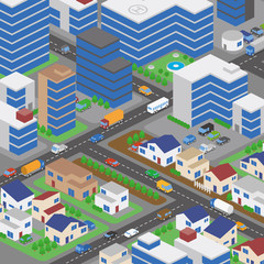 buildings and houses, roads and various vehicles, vector illustration