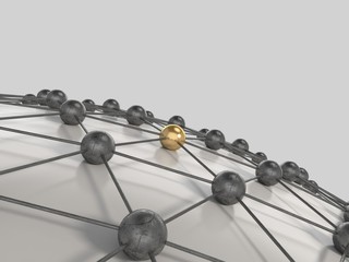 Network concept 3d render with golden middle sphere.