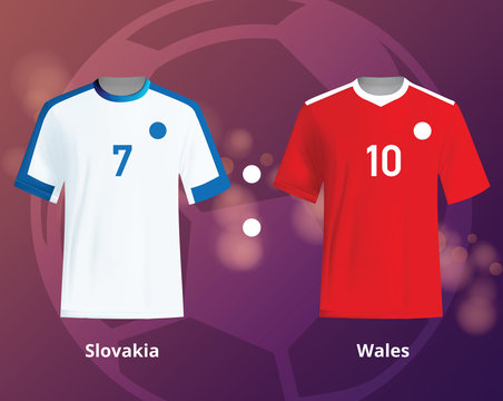 Color soccer T-shirts of Slovakia and Wales. Football team equipment