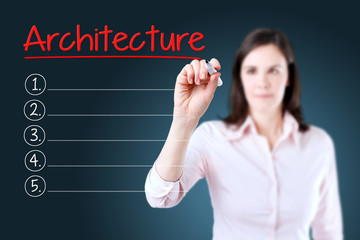 Business woman writing blank Architecture list. Blue background. 