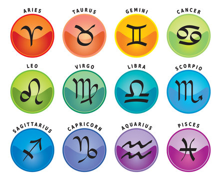 Signes du Zodiaque / 12 Icônes d'Astrologie avec leur Noms en Anglais