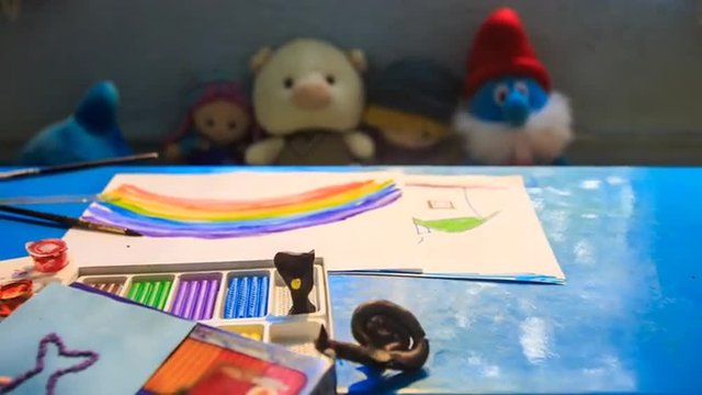 Pens Brushes Paints Paper Disappear off Table in Kindergarten