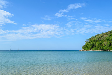 Beautiful clear sea and blue sky at Layan beach, Andaman Sea,Phuket in Thailand