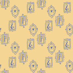 Stay Fancy seamless vector pattern. Hand drawn furniture, interior decorations and frames. Hand lettering.