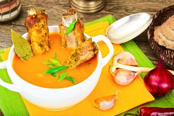 Diet and Healthy Organic Food: Pumpkin Soup with Pork Ribs