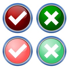 A set of four web buttons, green check mark and red cross in two variants