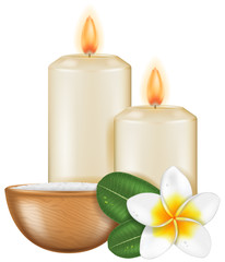 Obraz na płótnie Canvas Spa aromatherapy candles and Frangipani flower, photo-realistic vector illustration.