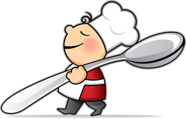 Little cartoon cook with very big spoon.