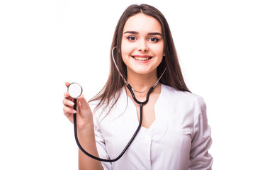 Smiling female doctor with  stethoscope  pointing at the camera against white background