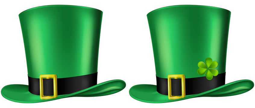 Green Leprechaun's hat, three quarter view. St. Patrick's day design element, vector illustration. Two versions included - with and without a shamrock leaf.