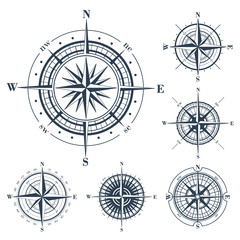 Set of compass roses isolated on white - obrazy, fototapety, plakaty