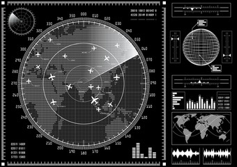 Radar screen with futuristic user interface HUD.