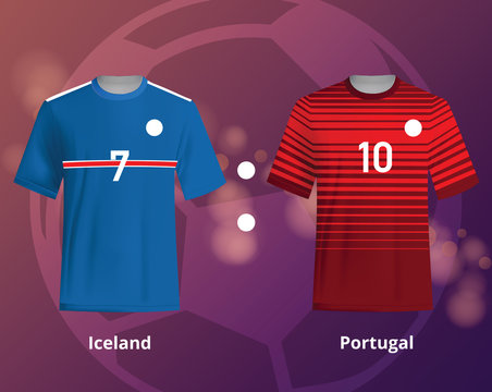 Color soccer T-shirts of Iceland and Portugal. Football team equipment