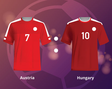 Color soccer T-shirts of Austria and Hungary. Football team equipment
