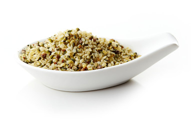 Hemp seeds in white porcelain spoon