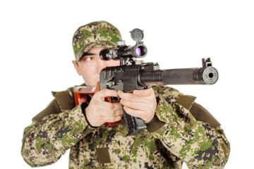 Fototapeta premium Soldier holding a russian sniper rifle. Training of soldiers fir