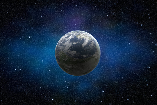 Fototapeta Planet Earth in starry and dusty space illuminated by sun
