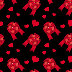 Seamless pattern with  bows and red hearts